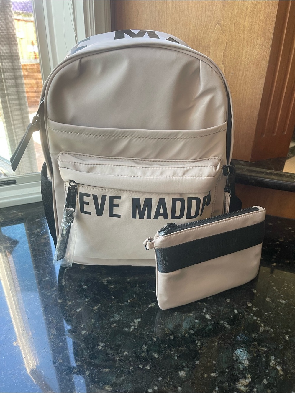 Steve Madden Beige Backpack with Black Logo and Pouch